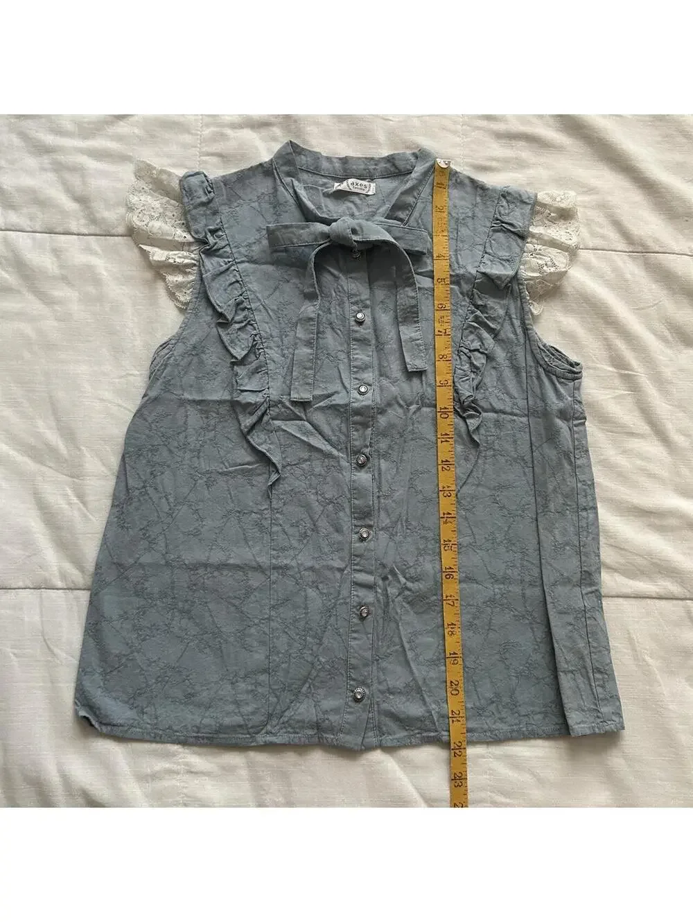 Axes Femme Dusty Blue Blouse Lace Cap Sleeve Bow Ruffle Button M Japan